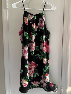 Monteau Black Floral Slip Dress with Pink & Green Blooms Size L